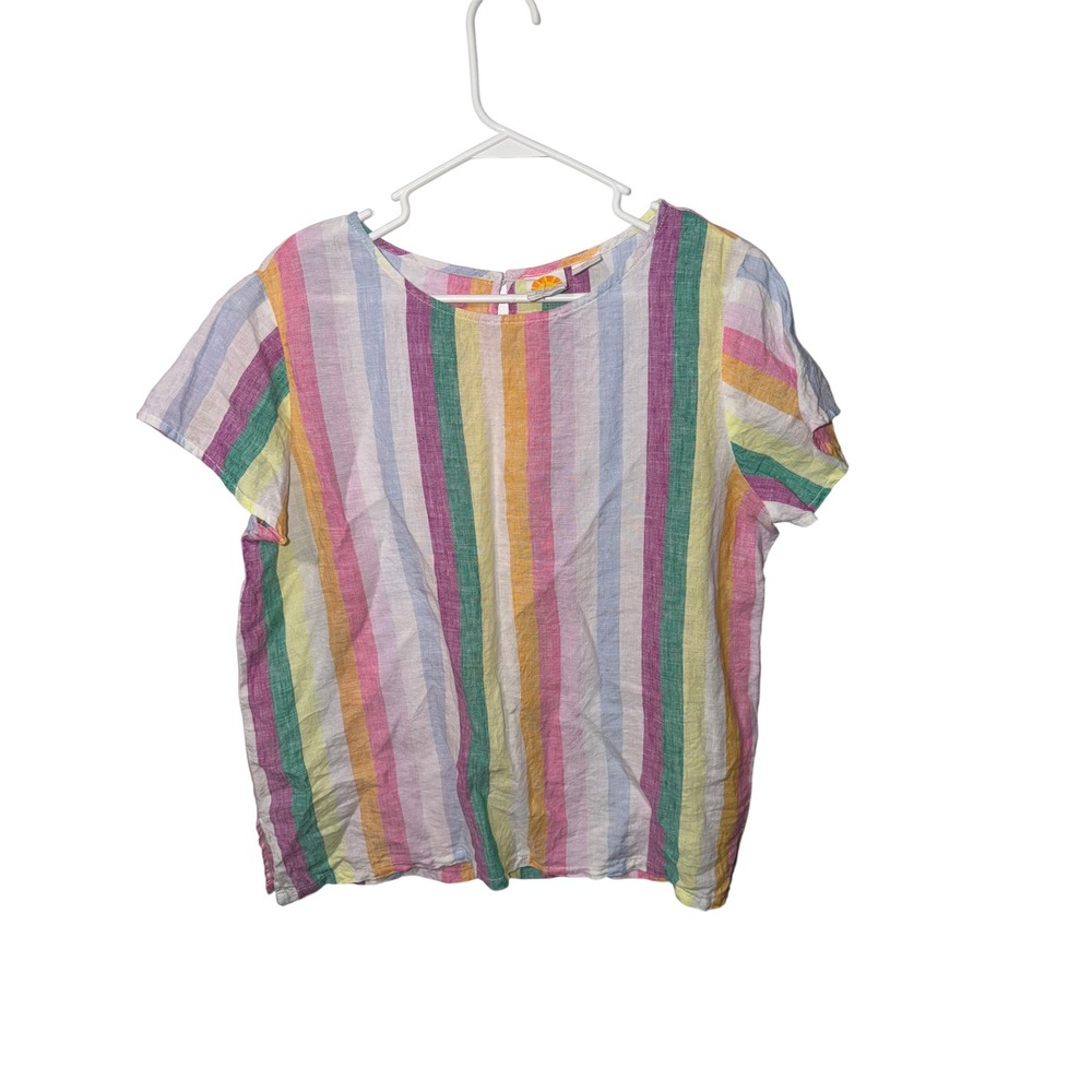 C&C California Size Medium Multi Color Striped 100% Linen Short Sleeve Blouse